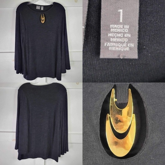Chico's Travelers Tunic Women's Size 1 Small Black Slinky Knit Top Shirt LS - Picture 1 of 11